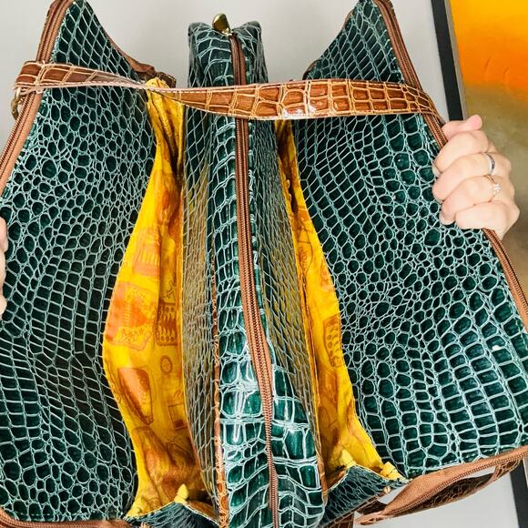 SAMANTHA Emerald Green Brown Croc Embossed Leather Three Compartment Travel Tote - Picture 5 of 13